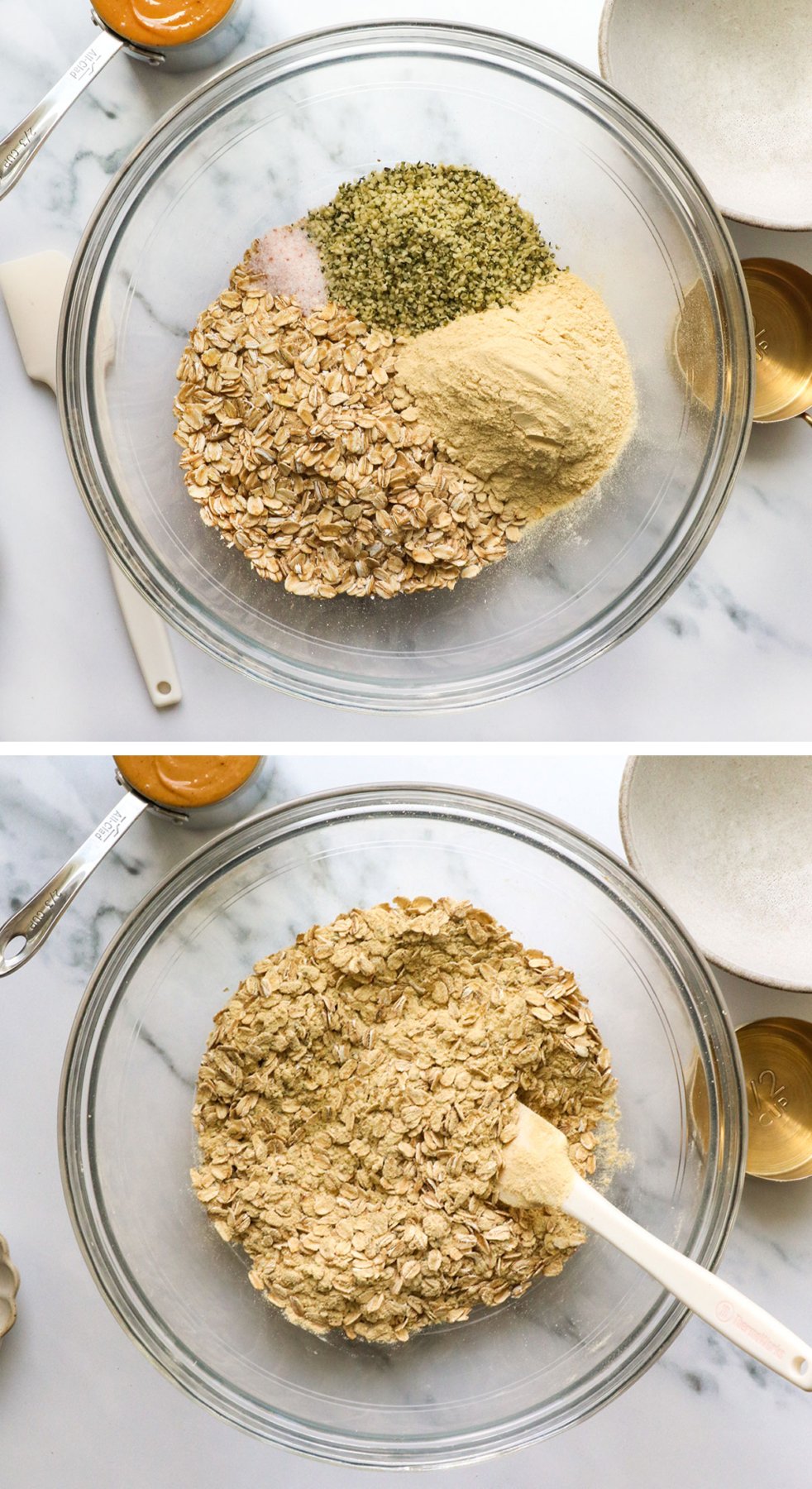 dry ingredients for granola bars mixed in a glass bowl. 