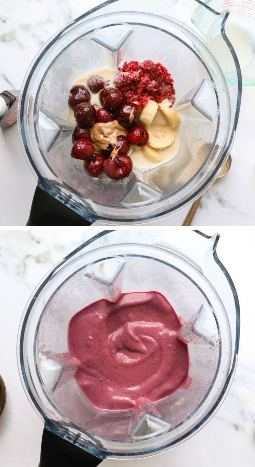cherry smoothie blended with frozen cherries, banana, and almond butter.