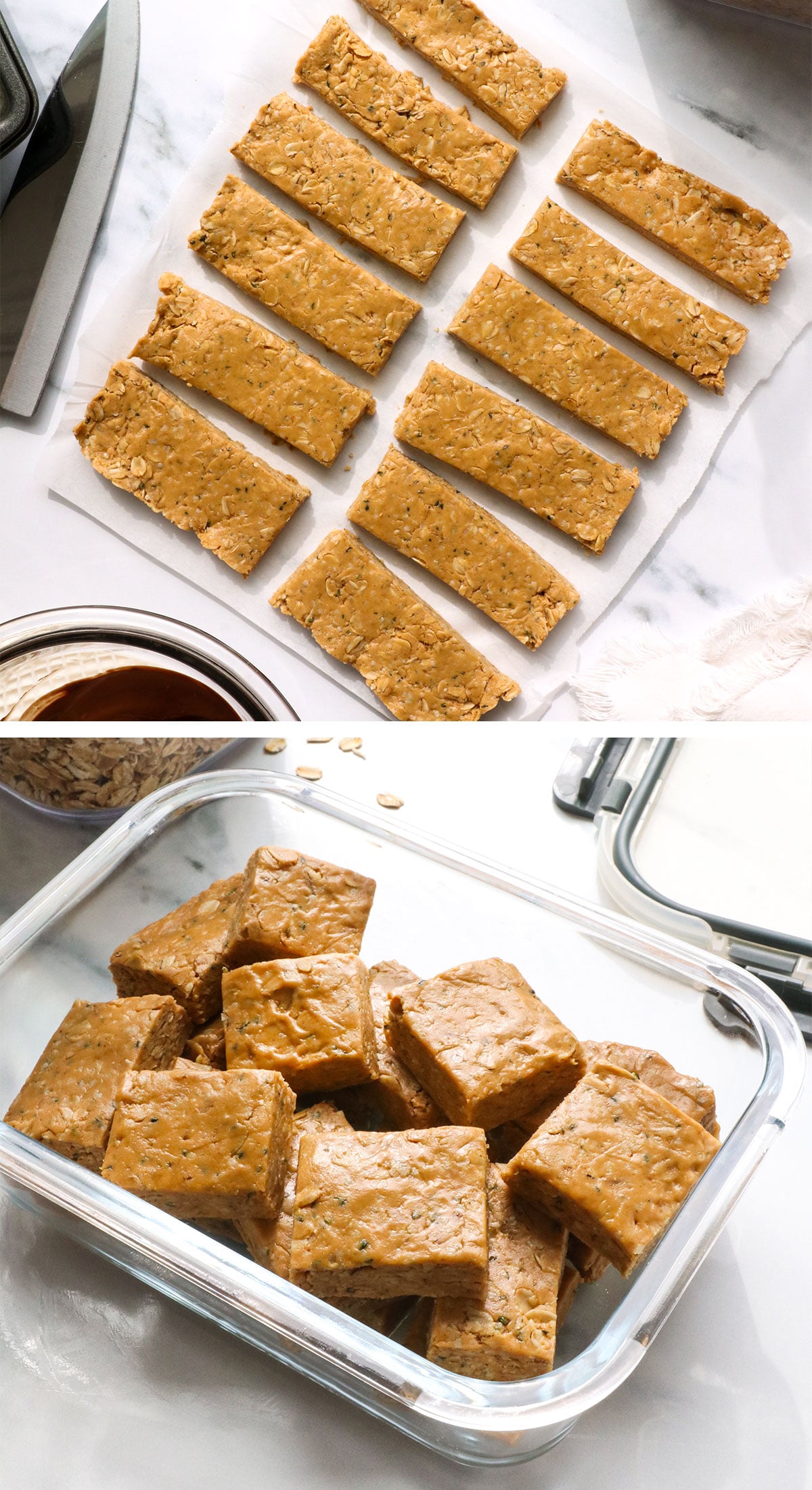 granola bars sliced into 12 bars and stored in a glass container.