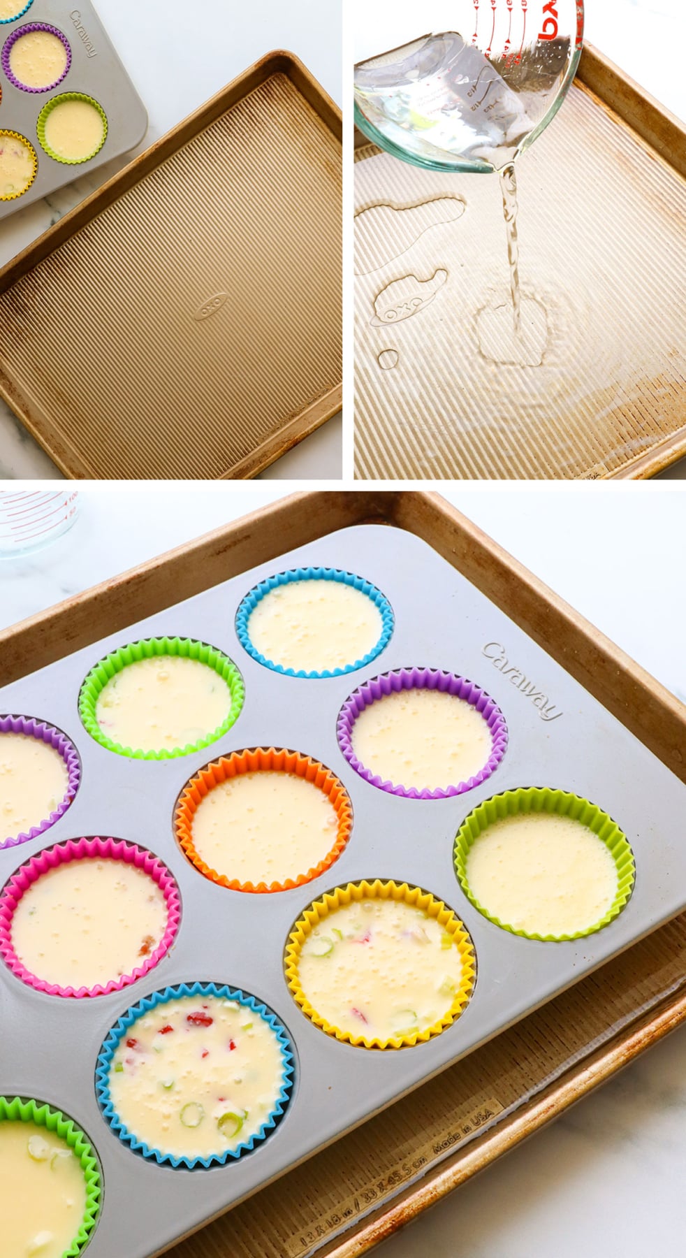 water poured into a sheet pan for a muffin water bath.