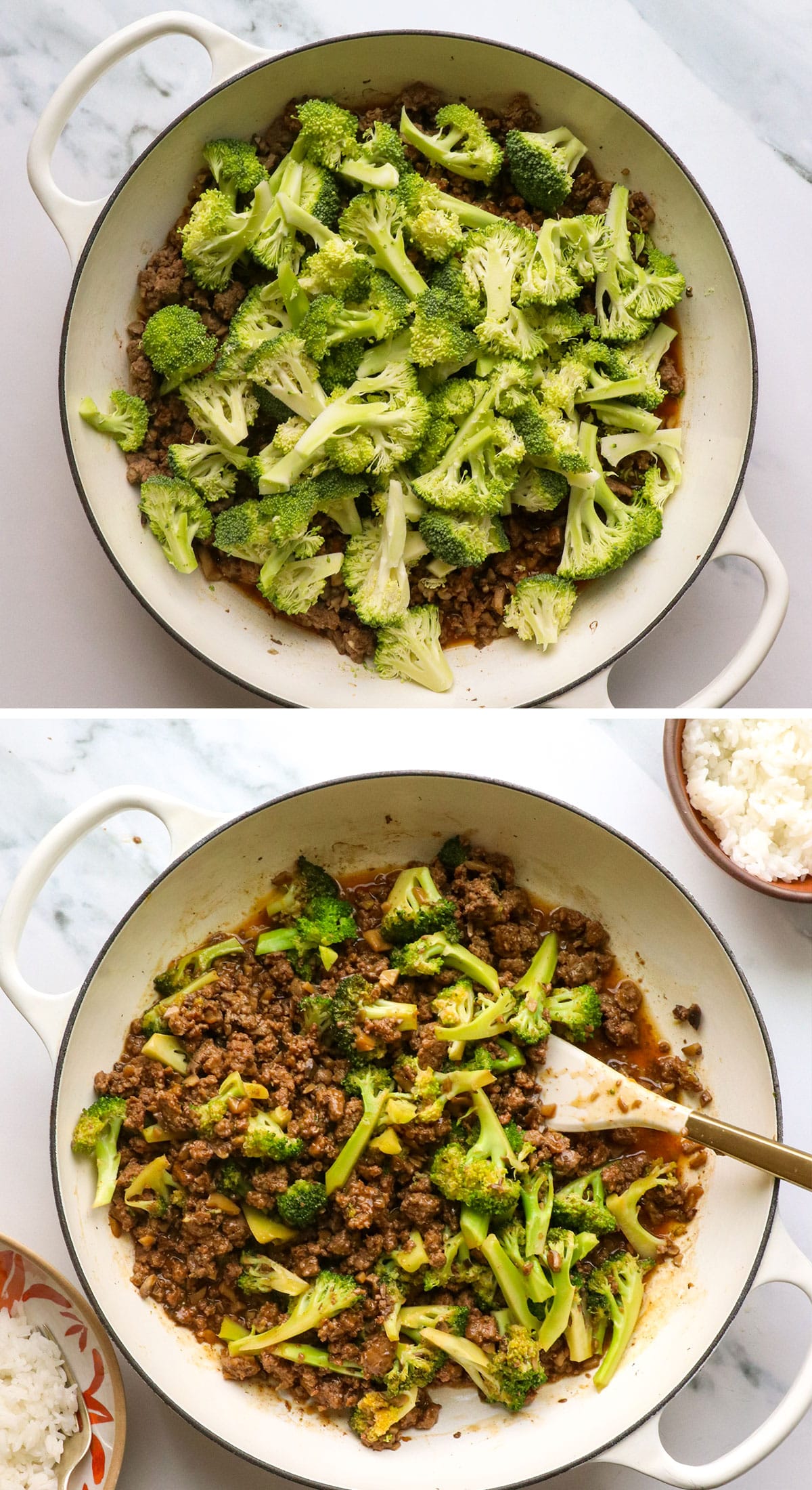 broccoli cooked with ground beef in a white skillet. 
