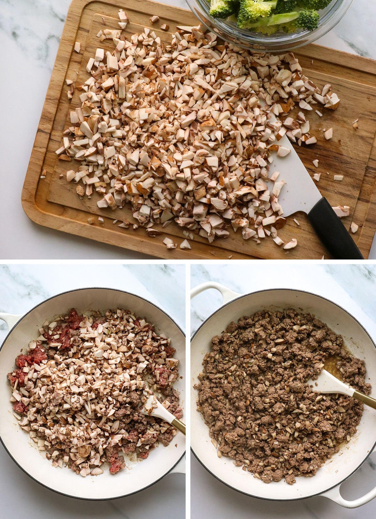 mushrooms chopped and cooked with ground beef. 