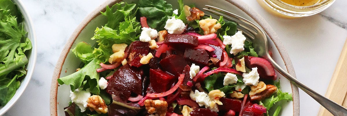 closeup of beet salad with goat cheese.