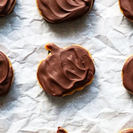 close up of chocolate peanut butter pumpkin on a pan.