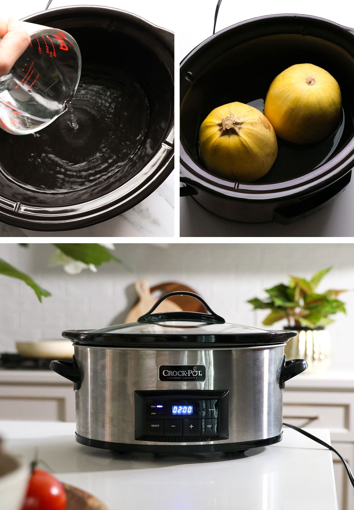 water and squash added to crockpot and set to cook for 2 hours. 