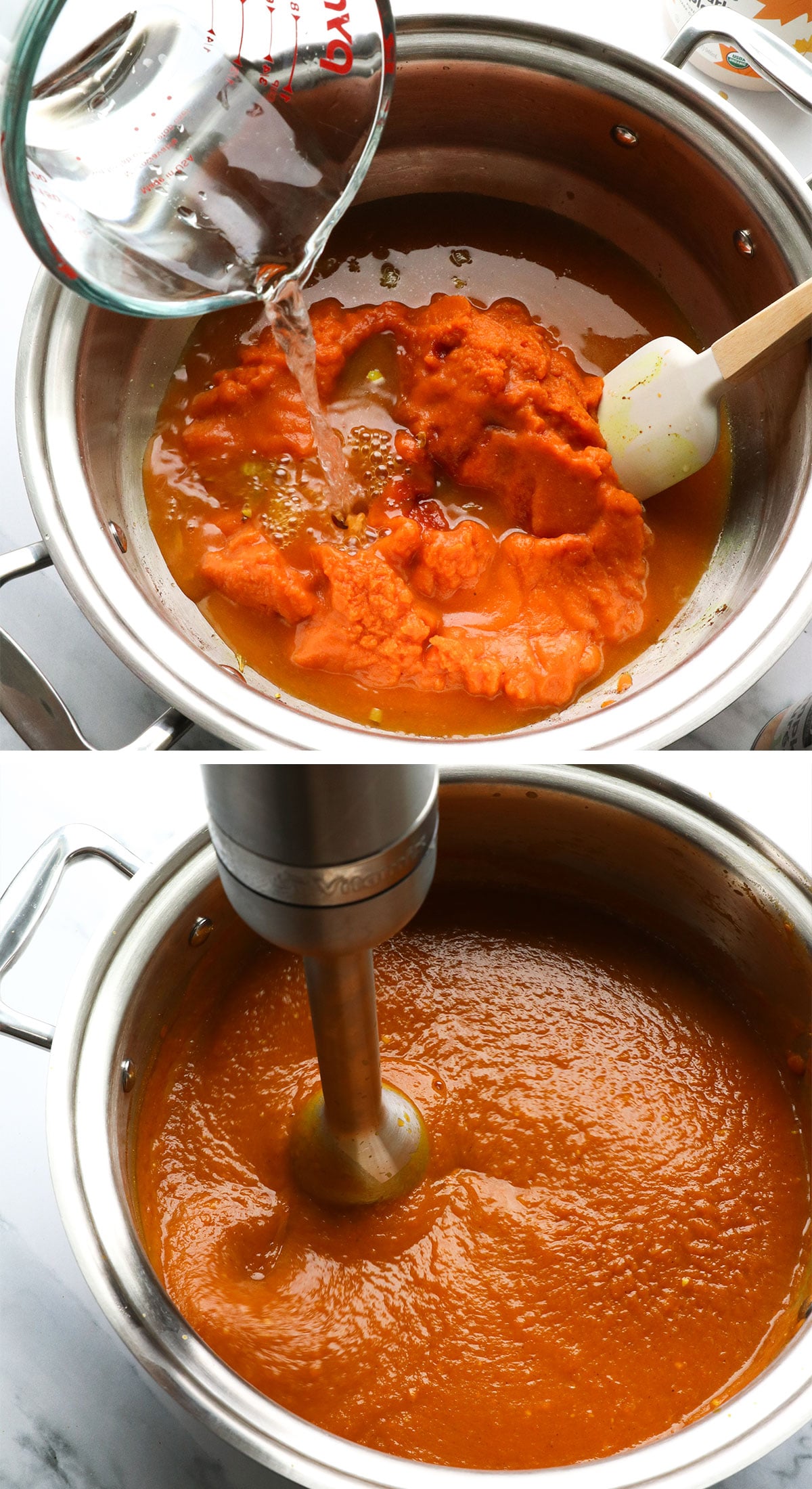 pumpkin puree and water added for soup and blended.