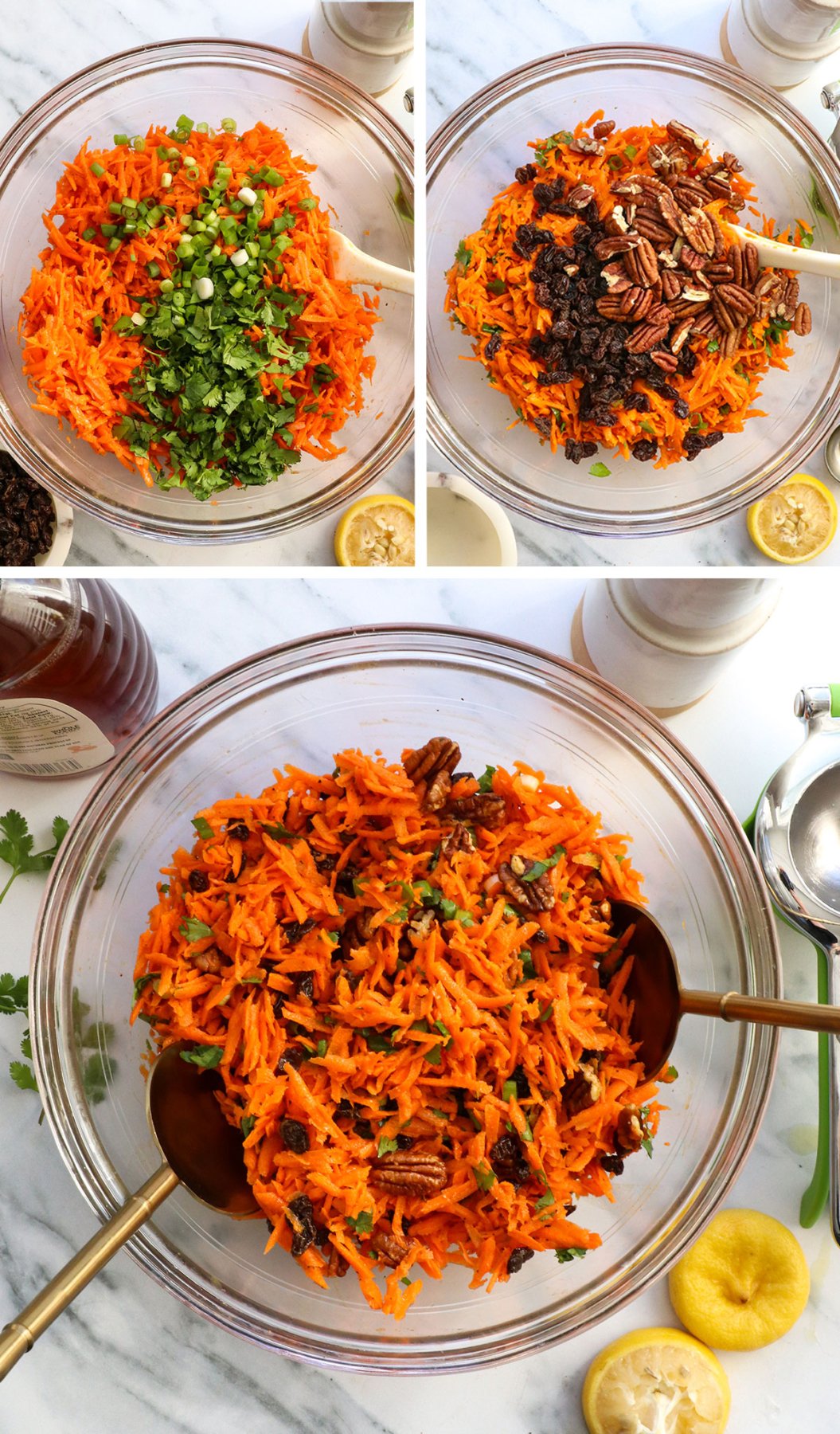 cilantro, raisins, and pecans stirred into a bowl of carrot salad. 