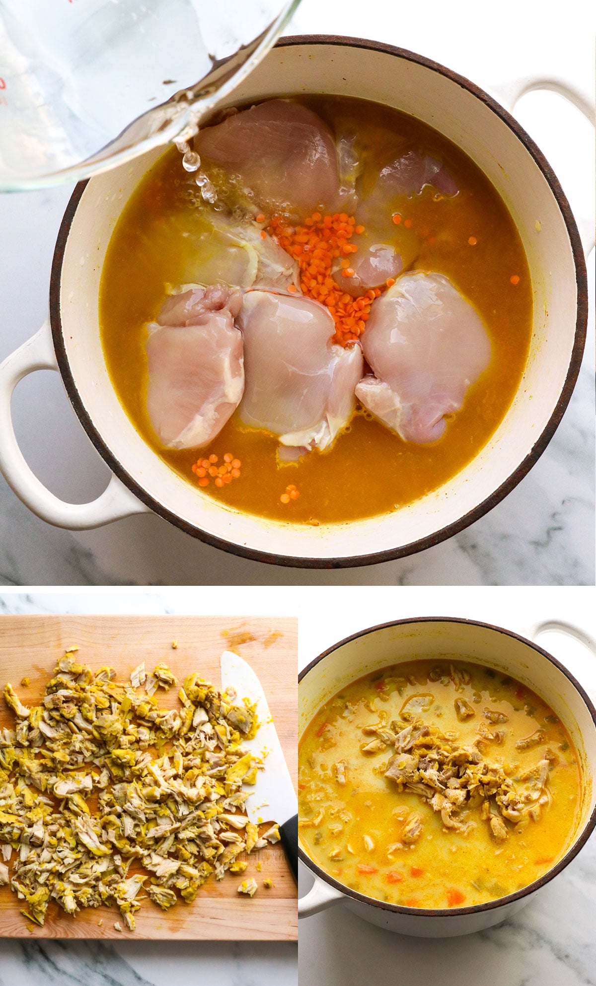 chicken and lentils cooked in soup and shredded after cooking.