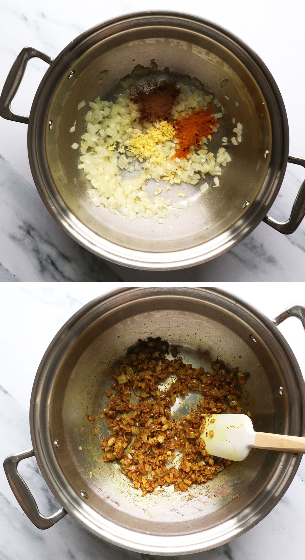 onion and spices sauteed in a pot to start the soup.