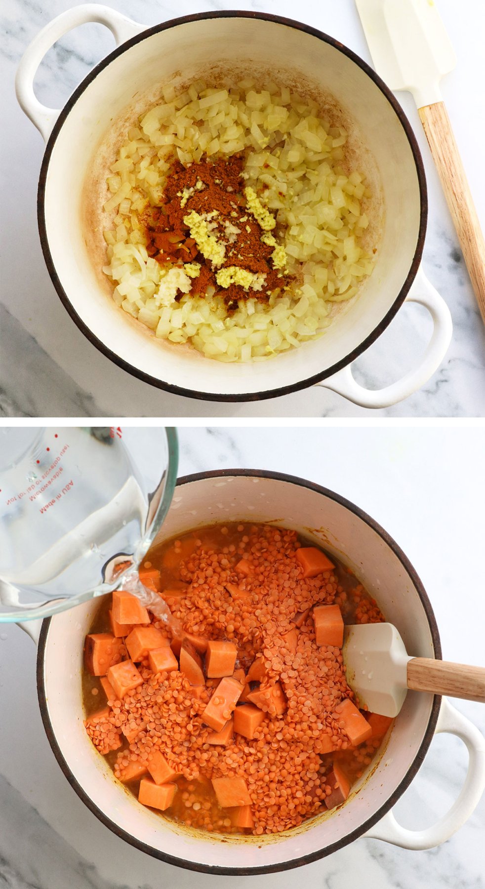 sauteed onion and spice in white pot with lentils and sweet potatoes. 