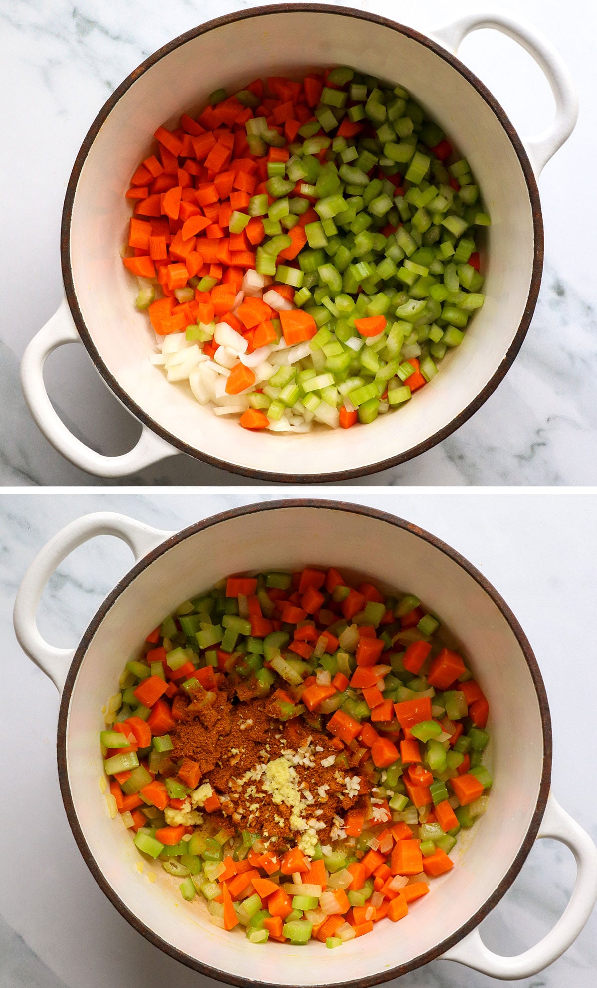 carrot, onion, and celery cooked in a white pot with curry powder.