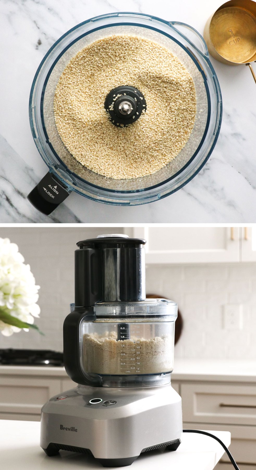 sesame seeds in the bowl of a food processor and processing with the lid on.