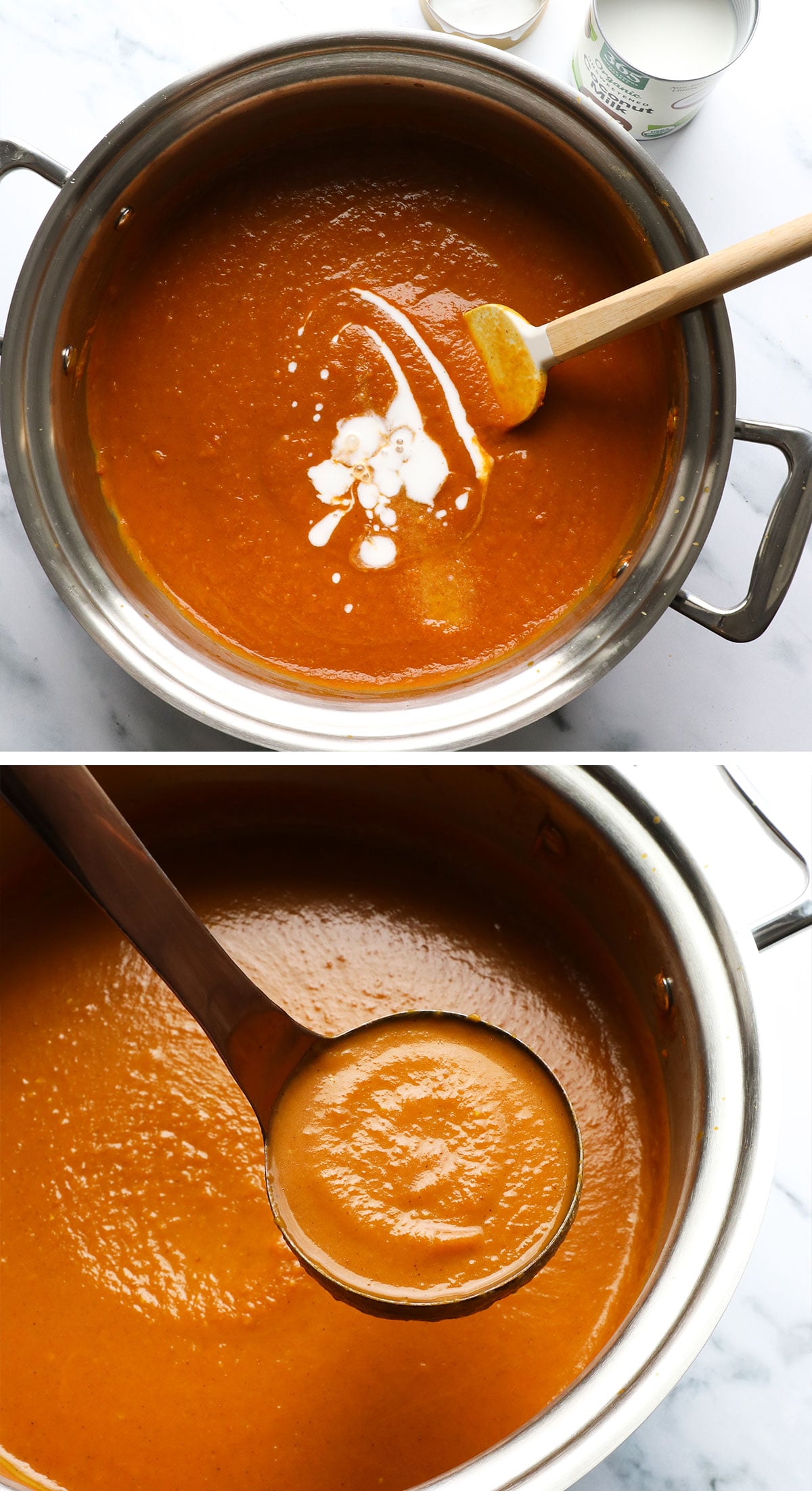 coconut milk stirred into pumpkin soup and lifted on a ladle.