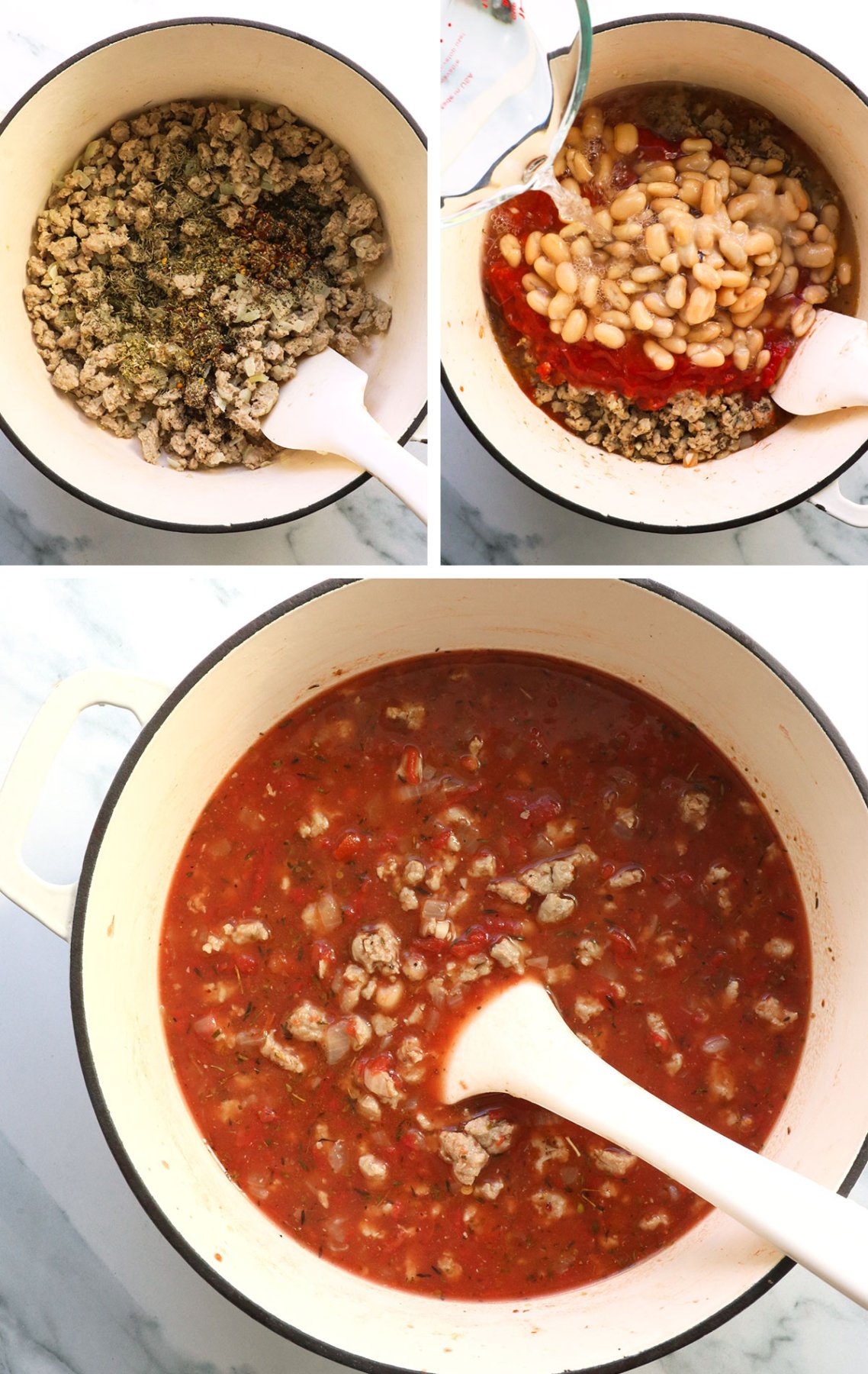 spices added to turkey with canned tomatoes and white beans.