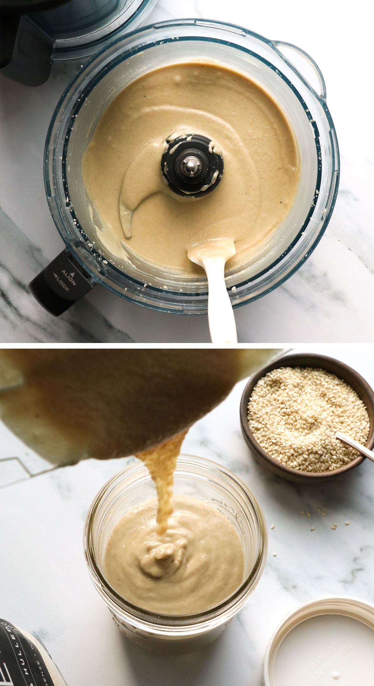 tahini looking smooth in a food processor and poured into a jar.