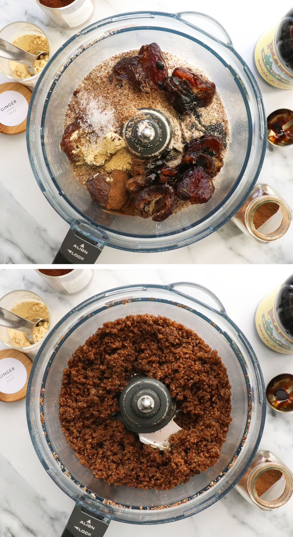 dates, almond meal, flax, and spices in a food processor.