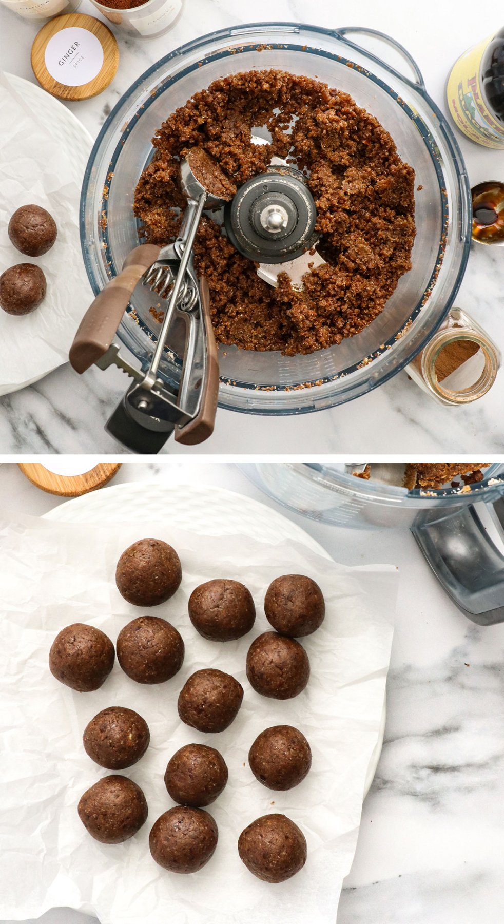 ginger bread balls scooped from a food processor and rolled on a plate.