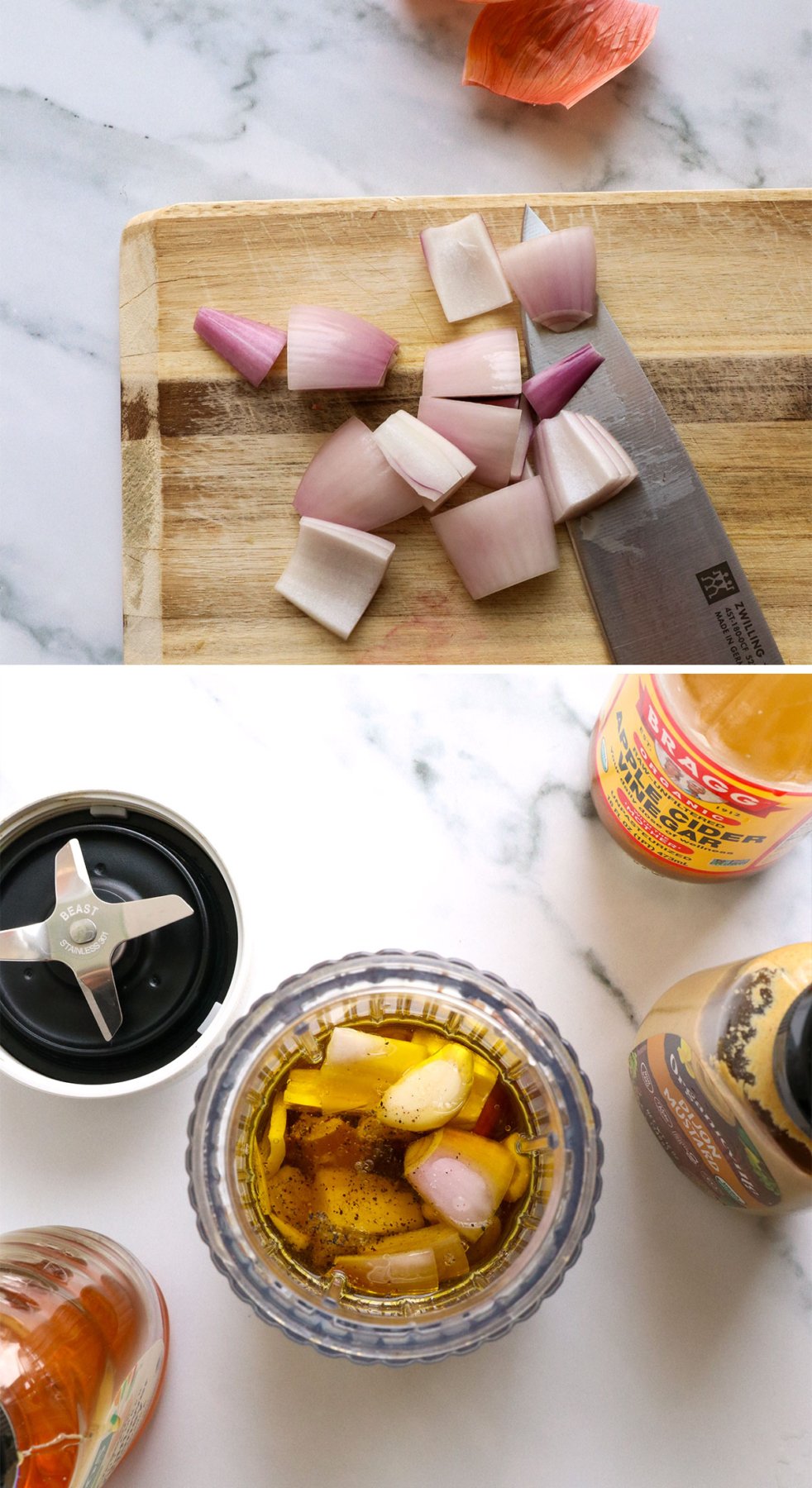 shallot cut on a cutting board and ingredients added to a small blender.