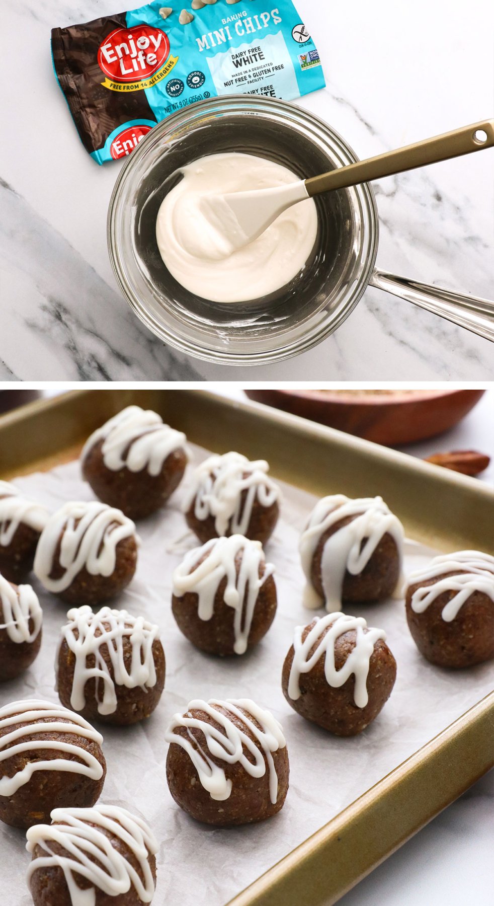 white chocolate melted in a bowl and drizzled on gingerbread balls.