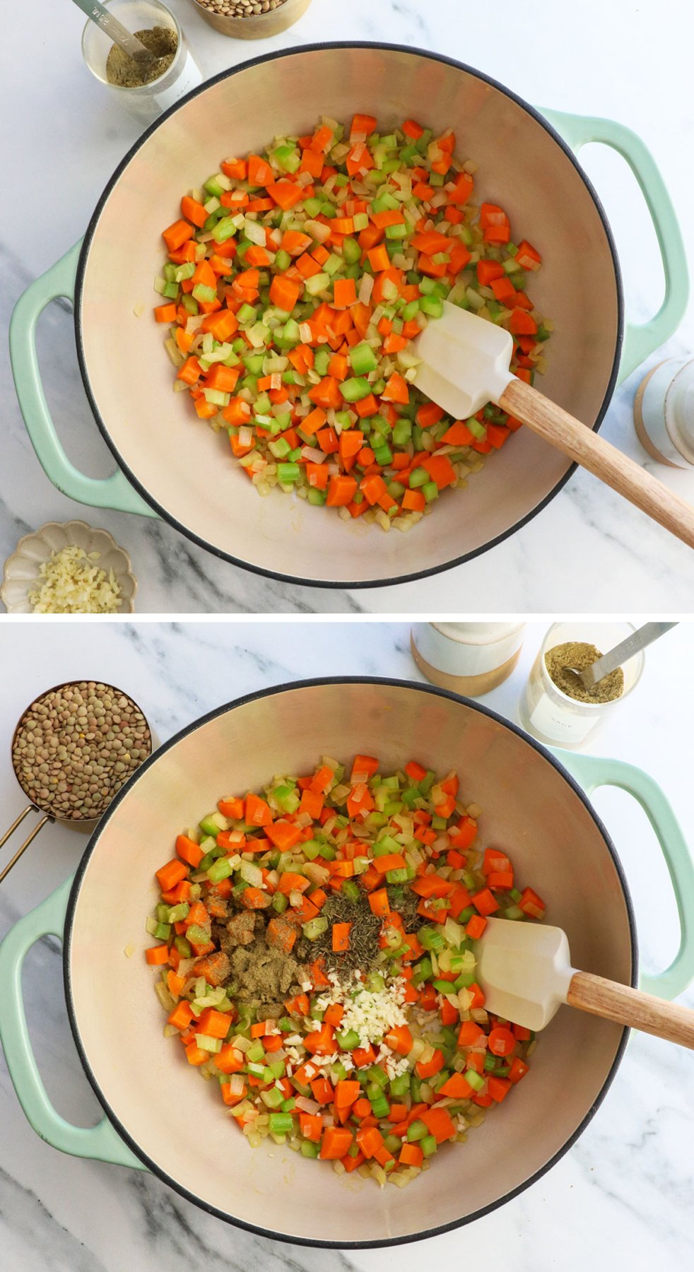 carrot, celery, and onion cooked with garlic and spices. 