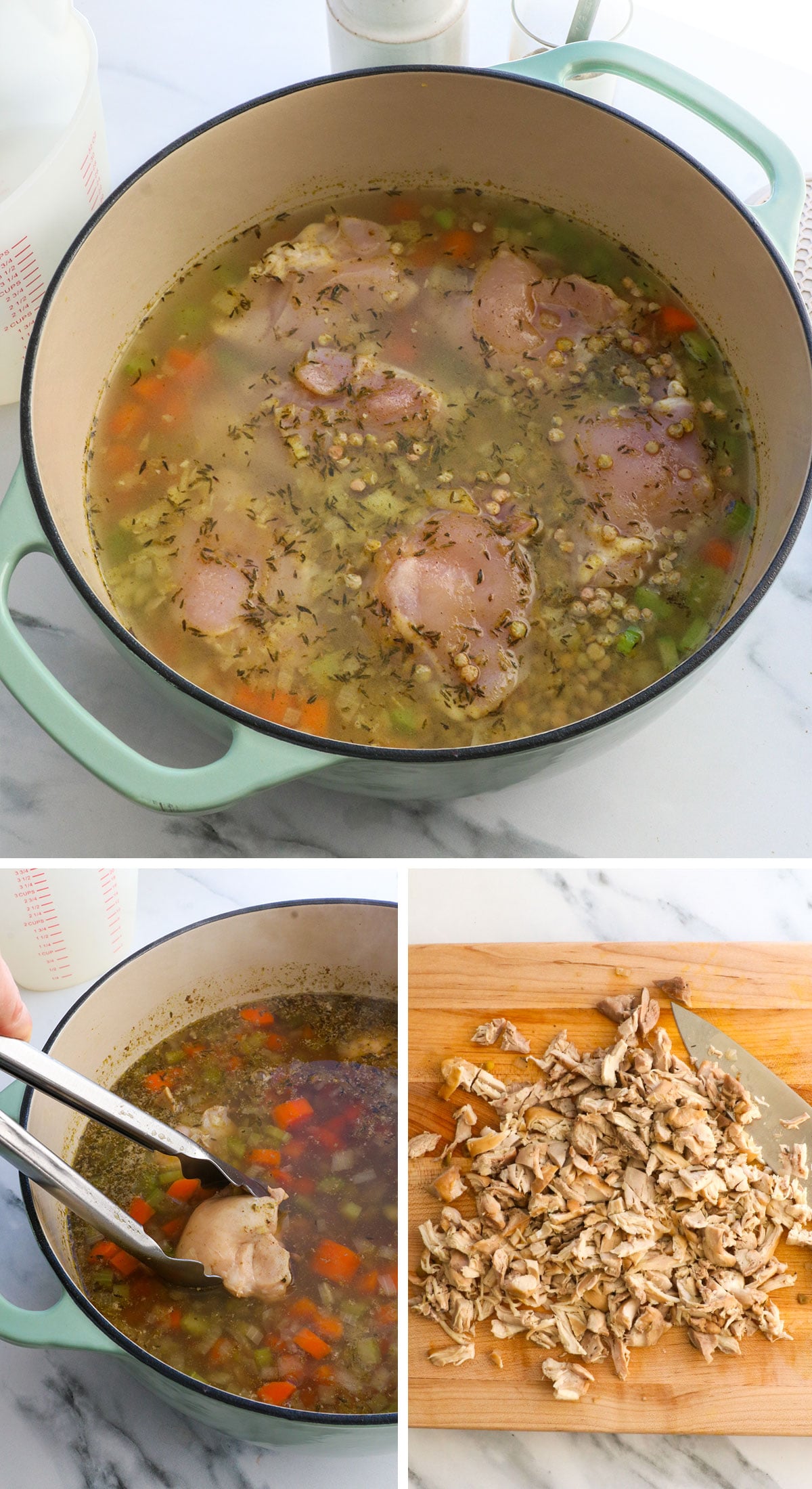 raw chicken added to soup, then cooked and shredded.