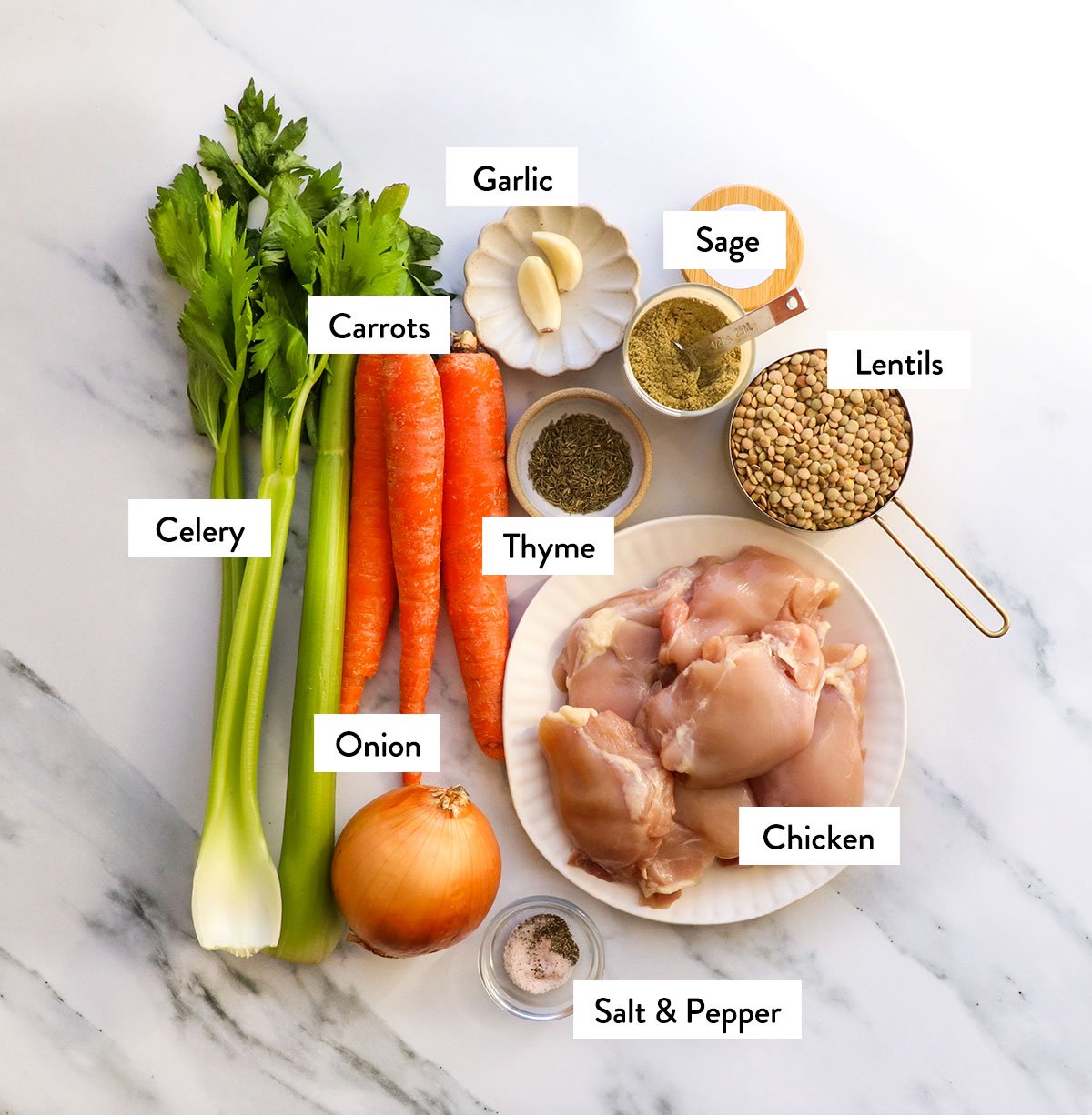 onion, celery, carrot, chicken thighs, lentils, and spices labeled. 