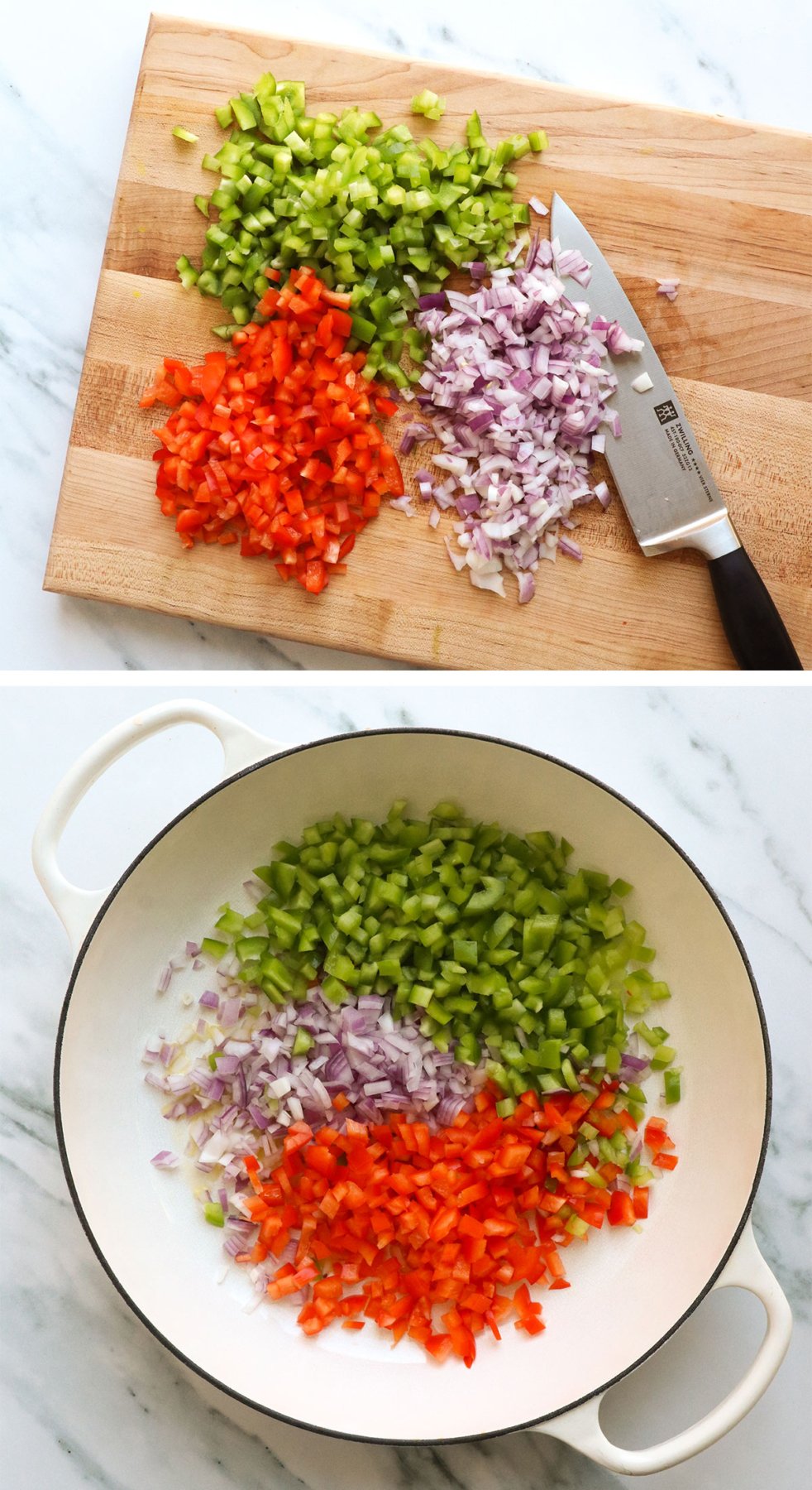 chopped peppers and onions cooked in a skillet.