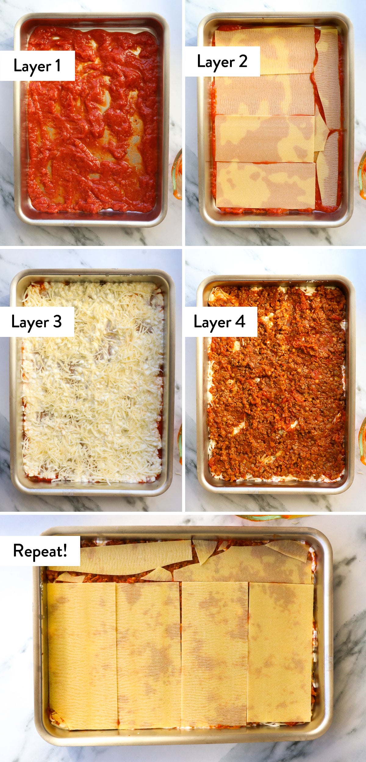 layers of cottage cheese and meat sauce added to a lasagna pan and labeled.