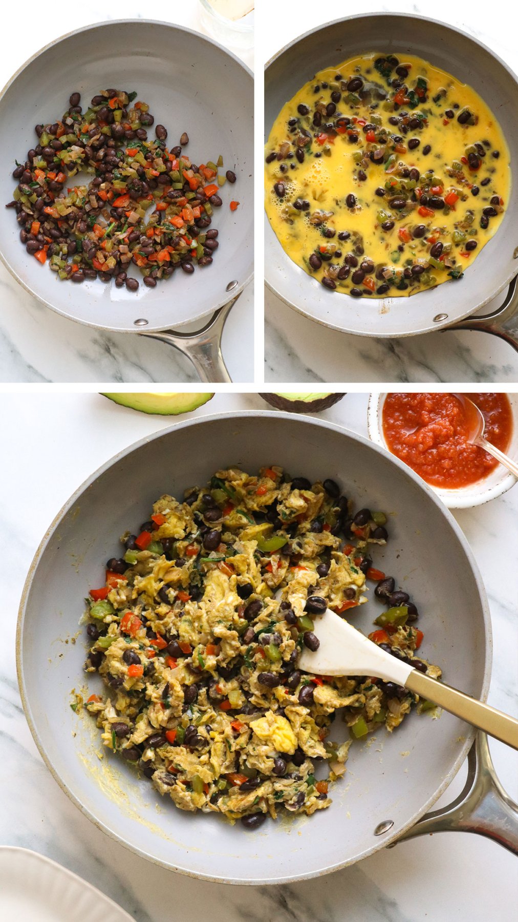one jar of beans added to a skillet and scrambled with eggs.