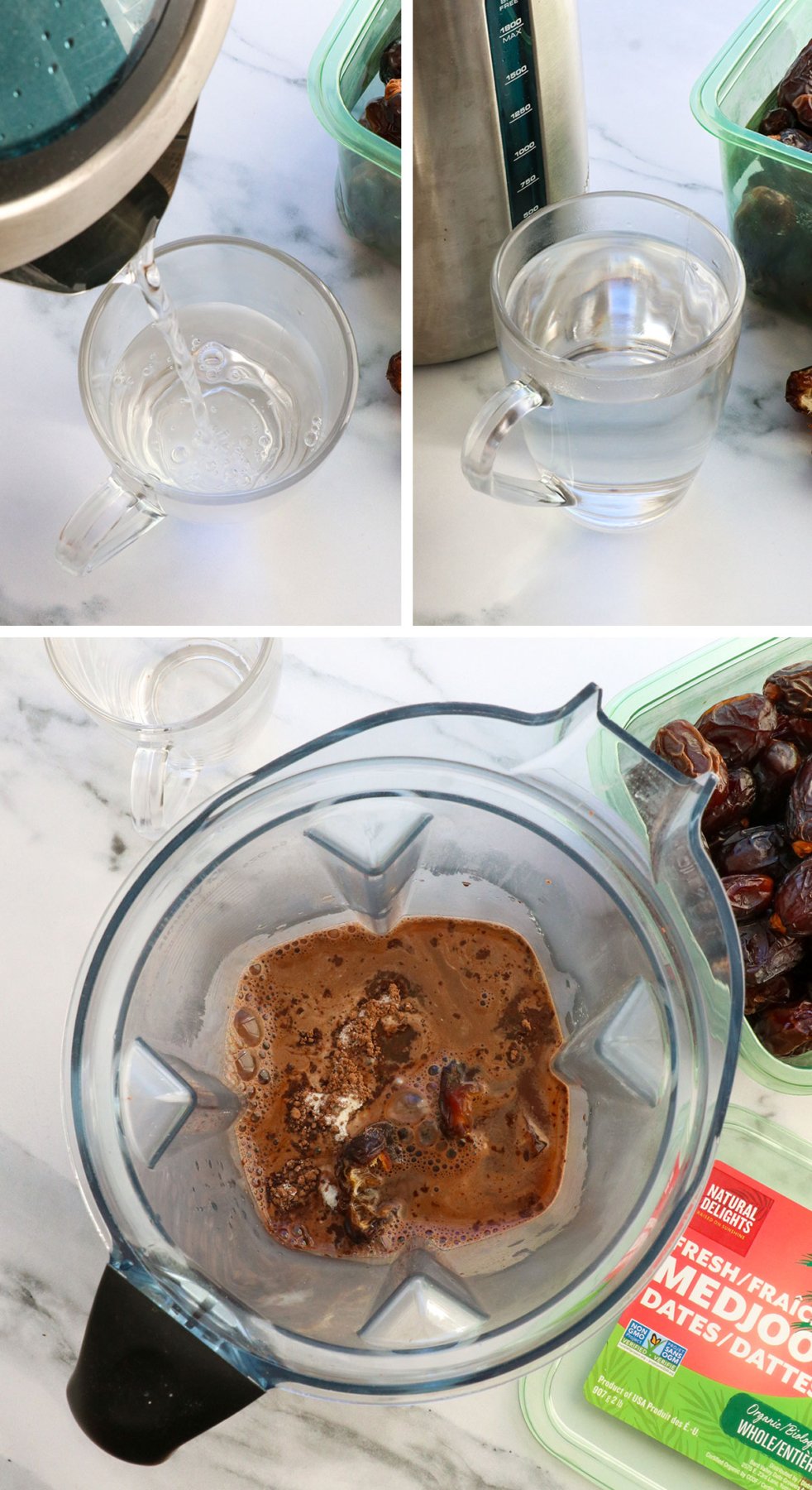 boiled water poured into a glass mug and into a blender with hot chocolate ingredients.