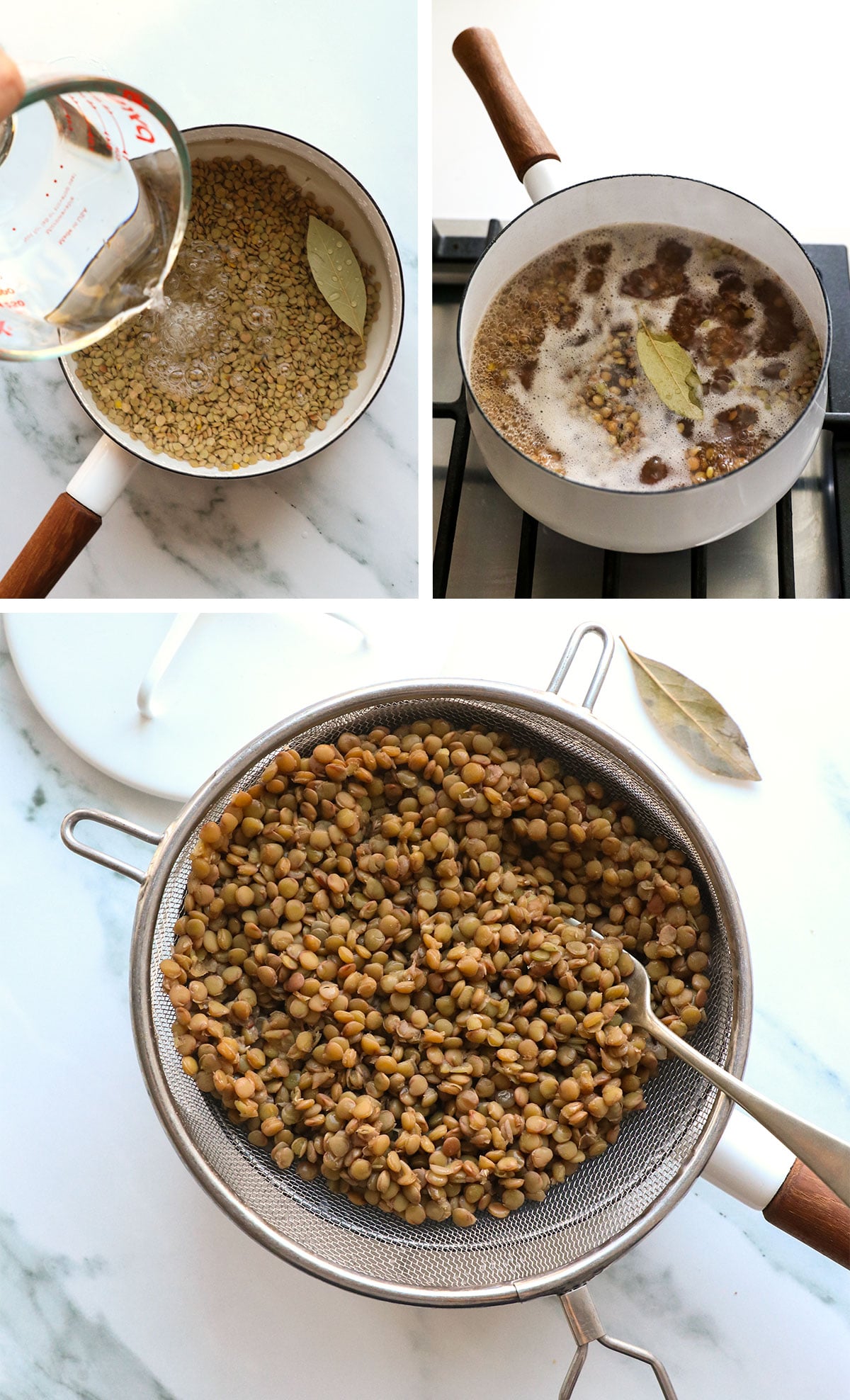 green lentils boiled in a white pot and drained after they are cooked.