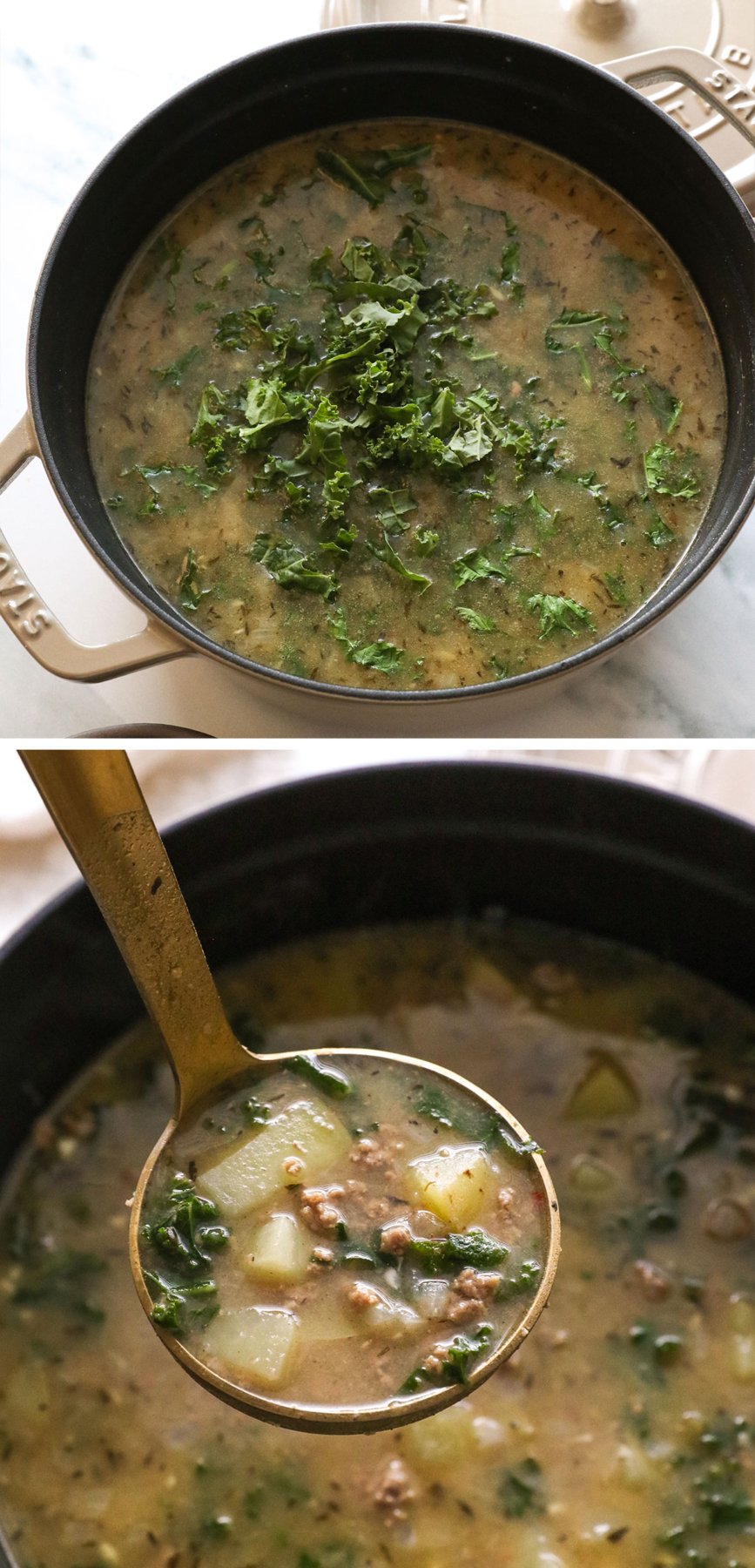 kale added to soup and then lifted on a ladle after it wilted.