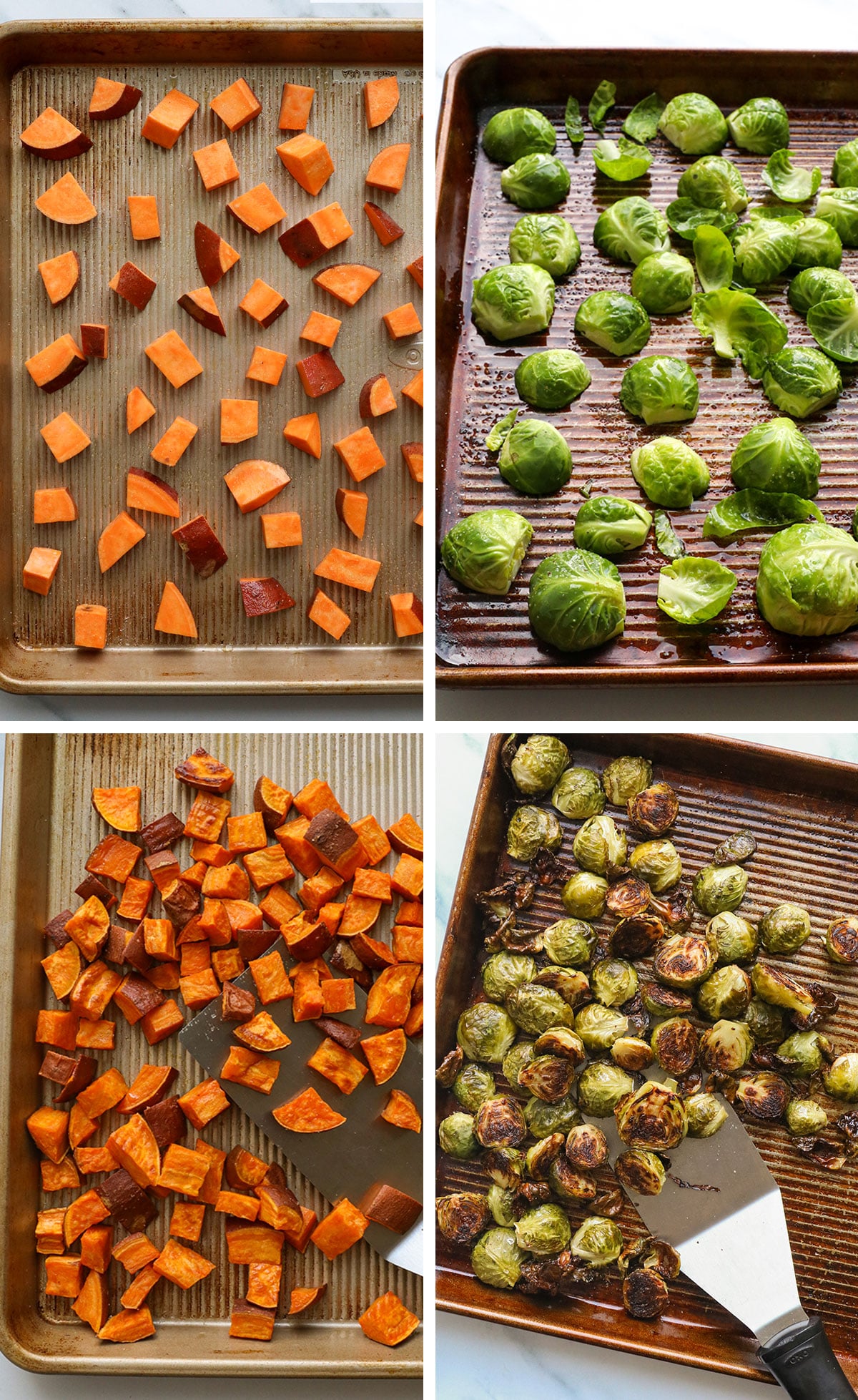 sweet potato and brussels sprouts before and after roasting on sheet pans.