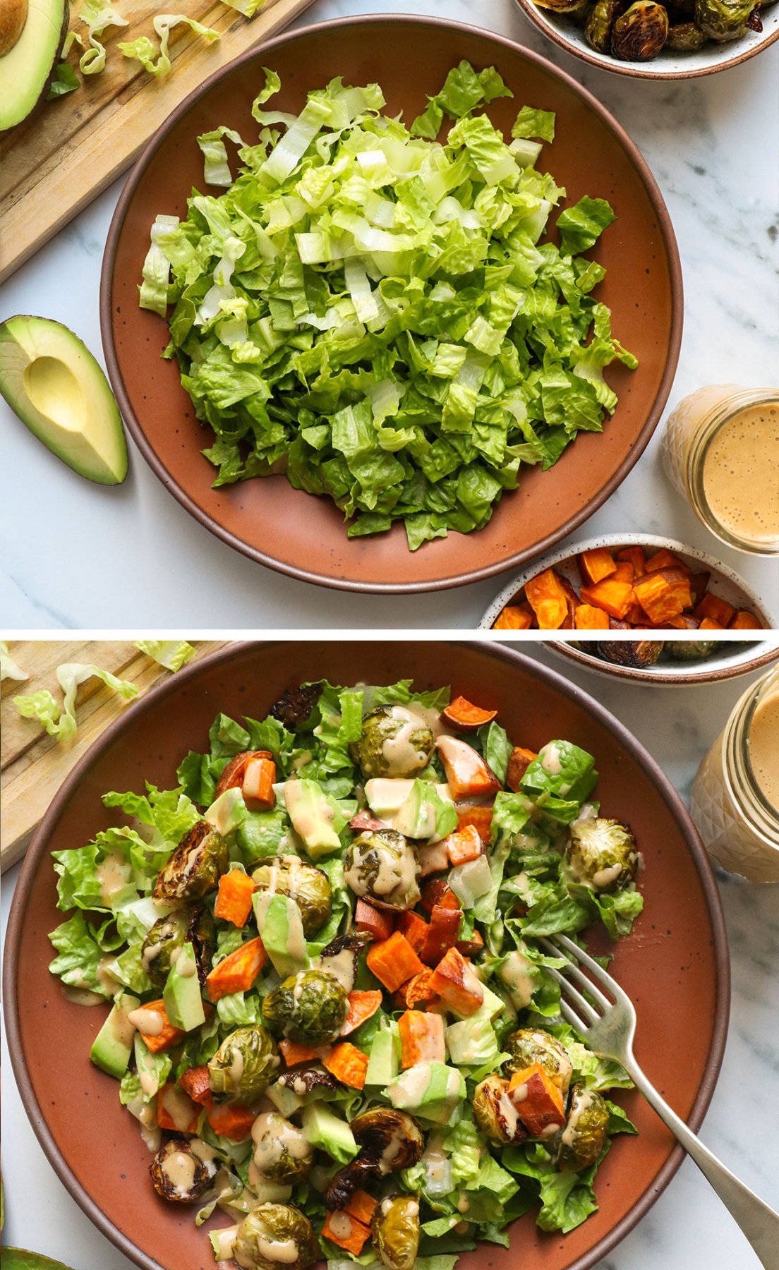 chopped romaine added to a serving bowl and topped with roasted veggies and dressing. 