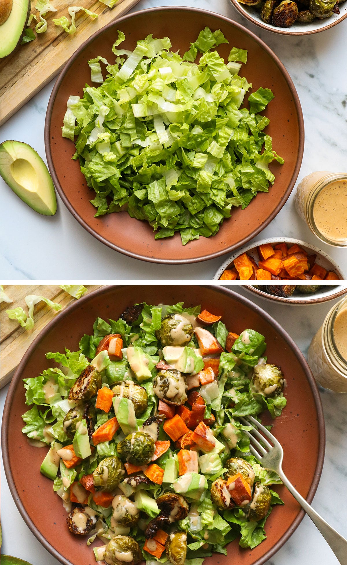chopped romaine added to a serving bowl and topped with roasted veggies and dressing.
