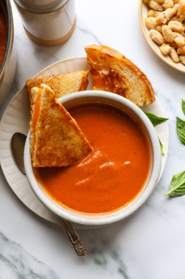 tomato white bean soup with grilled cheese.