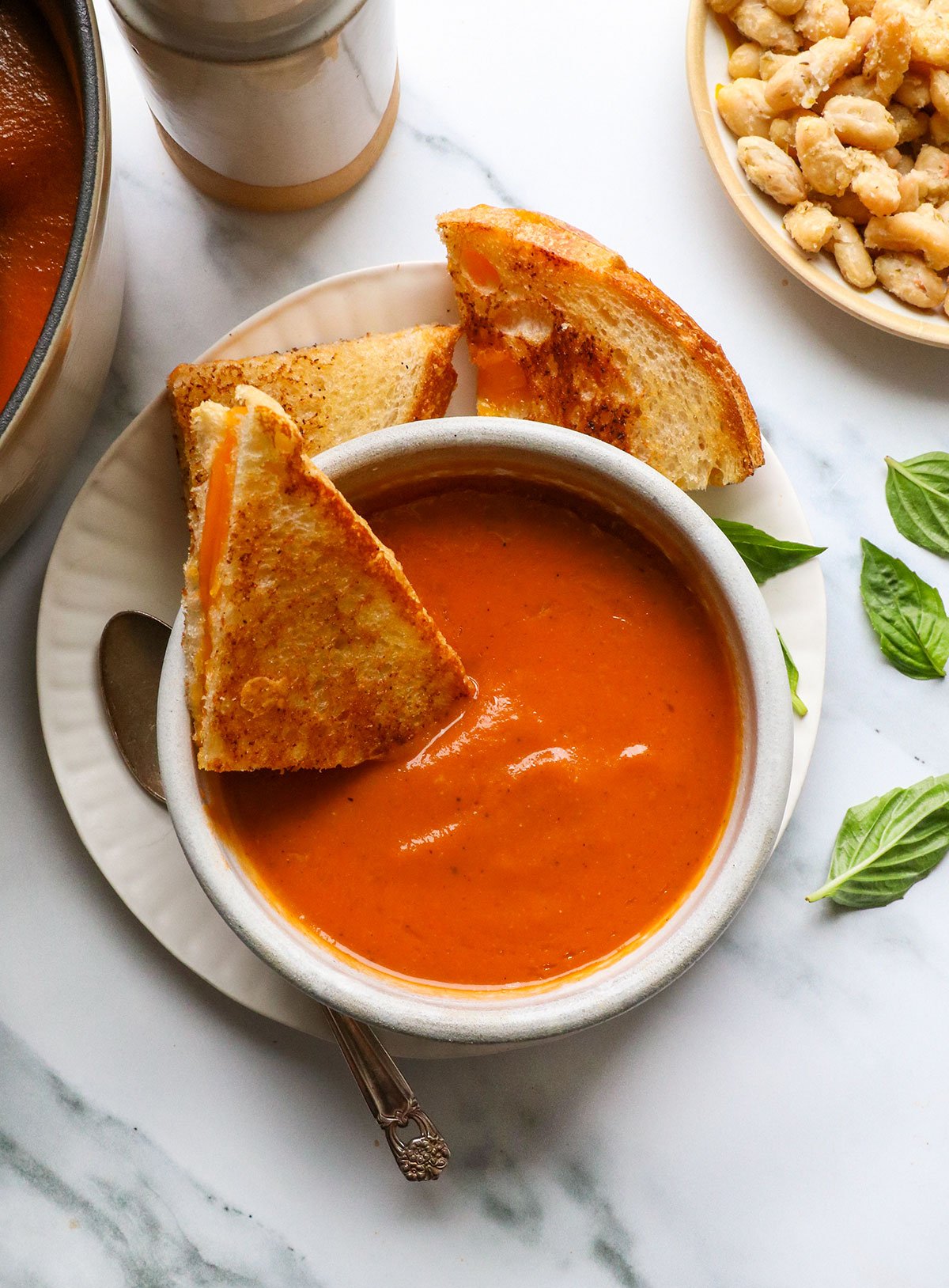 tomato white bean soup with grilled cheese.