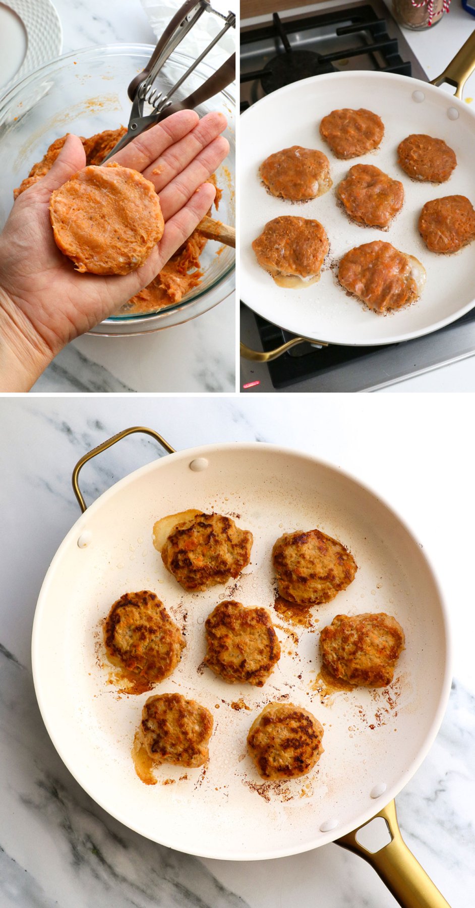 turkey sausage flattened into patties and cooked on a skillet.