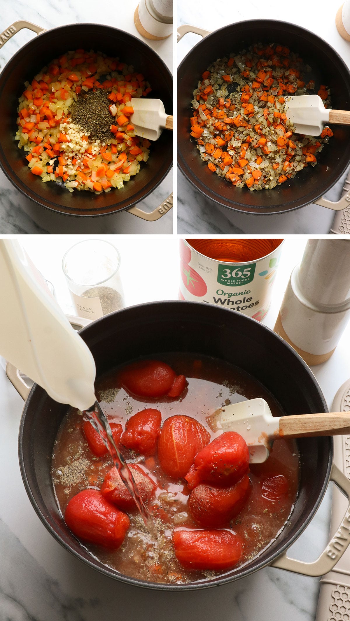 carrot and onion sauteed with spices and tomatoes added into the pot.