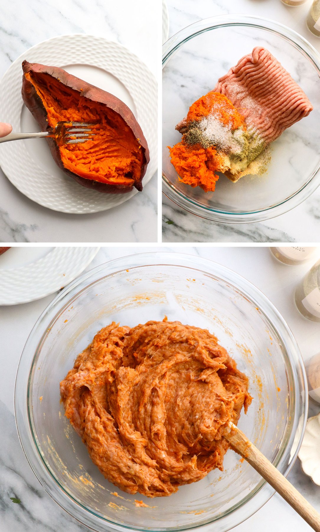 sweet potato mashed and added to ground turkey to make sausage.