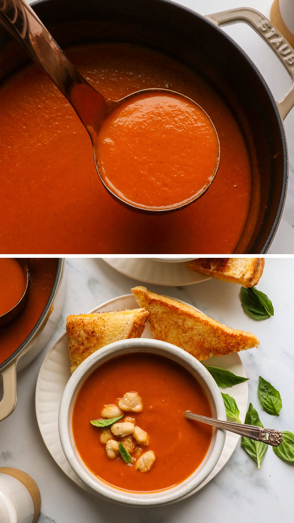 tomato soup lifted on ladle and served with white beans on top.