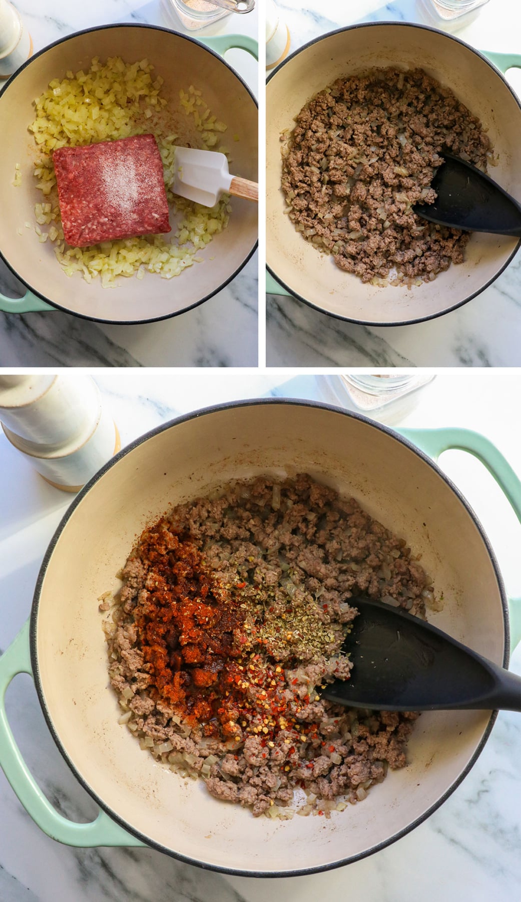 ground beef cooked with onions and spices in a pot.