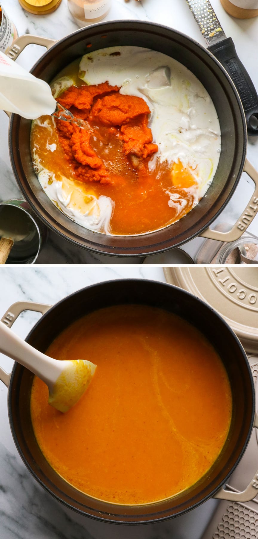 water, pumpkin and coconut milk added to pot and stirred. 