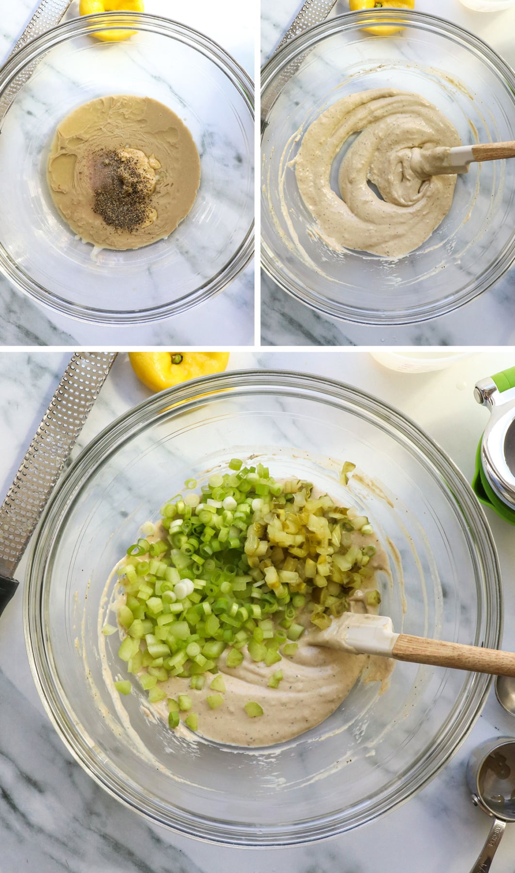 tahini dressing mixed in bowl with veggies added in to make tuna salad.