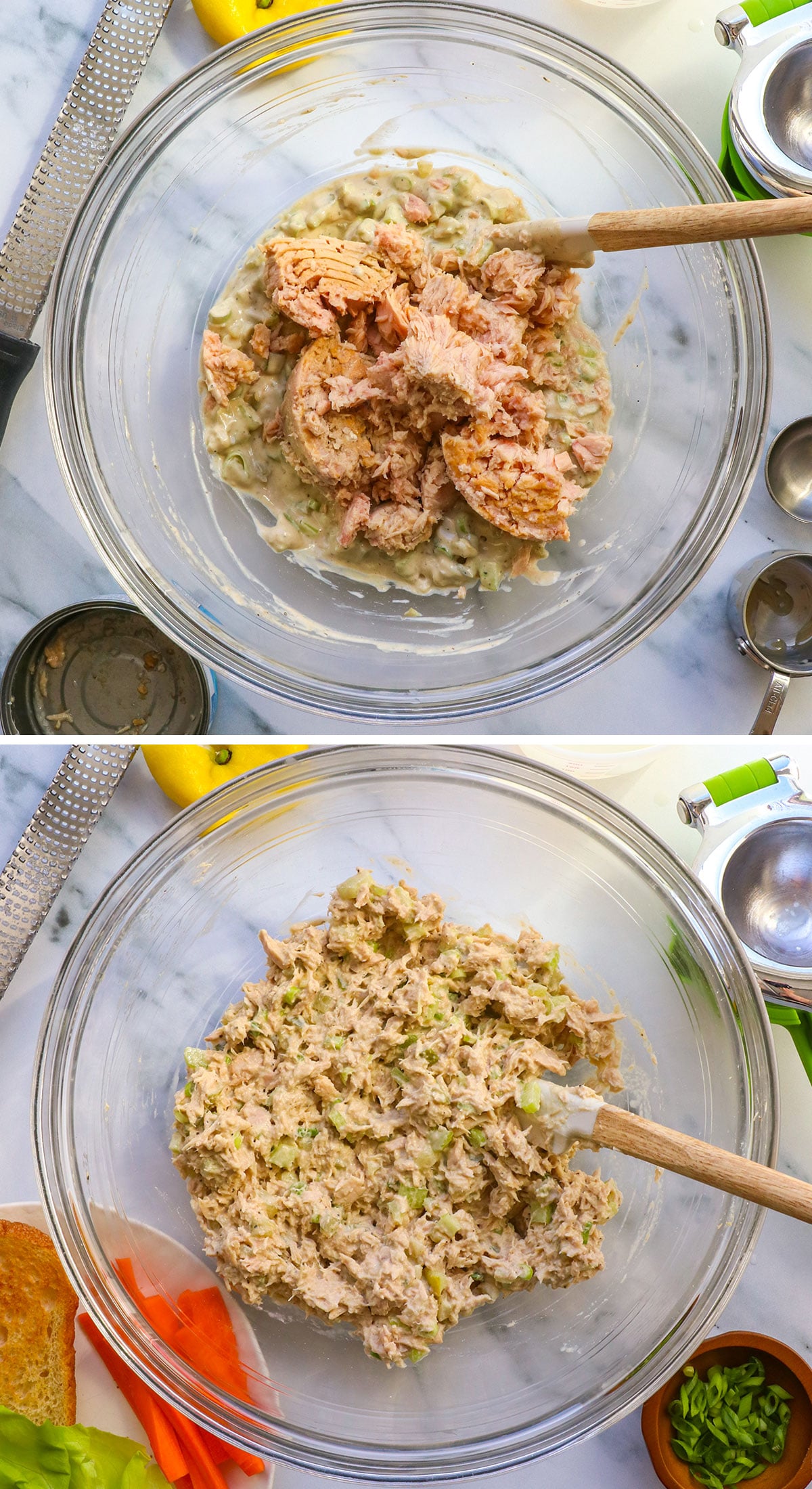 canned tuna added to veggies and dressing for a creamy tuna salad without mayo.