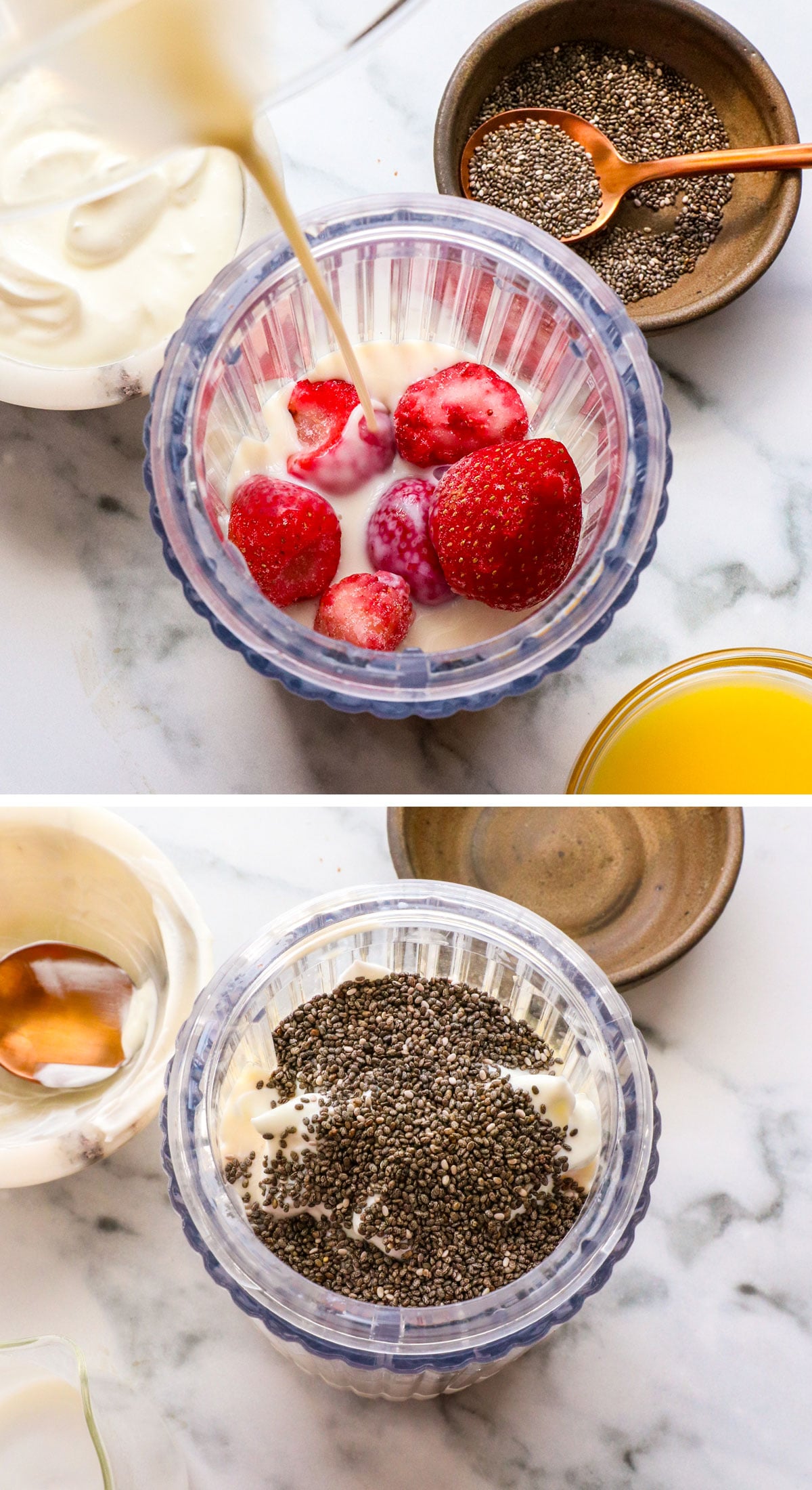 frozen strawberries, milk, yogurt and chia seeds added to a blender. 