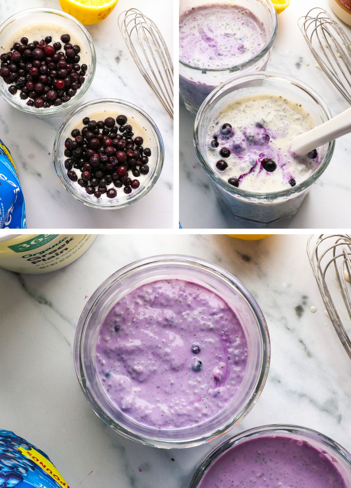 blueberries added to chia pudding and stirred.