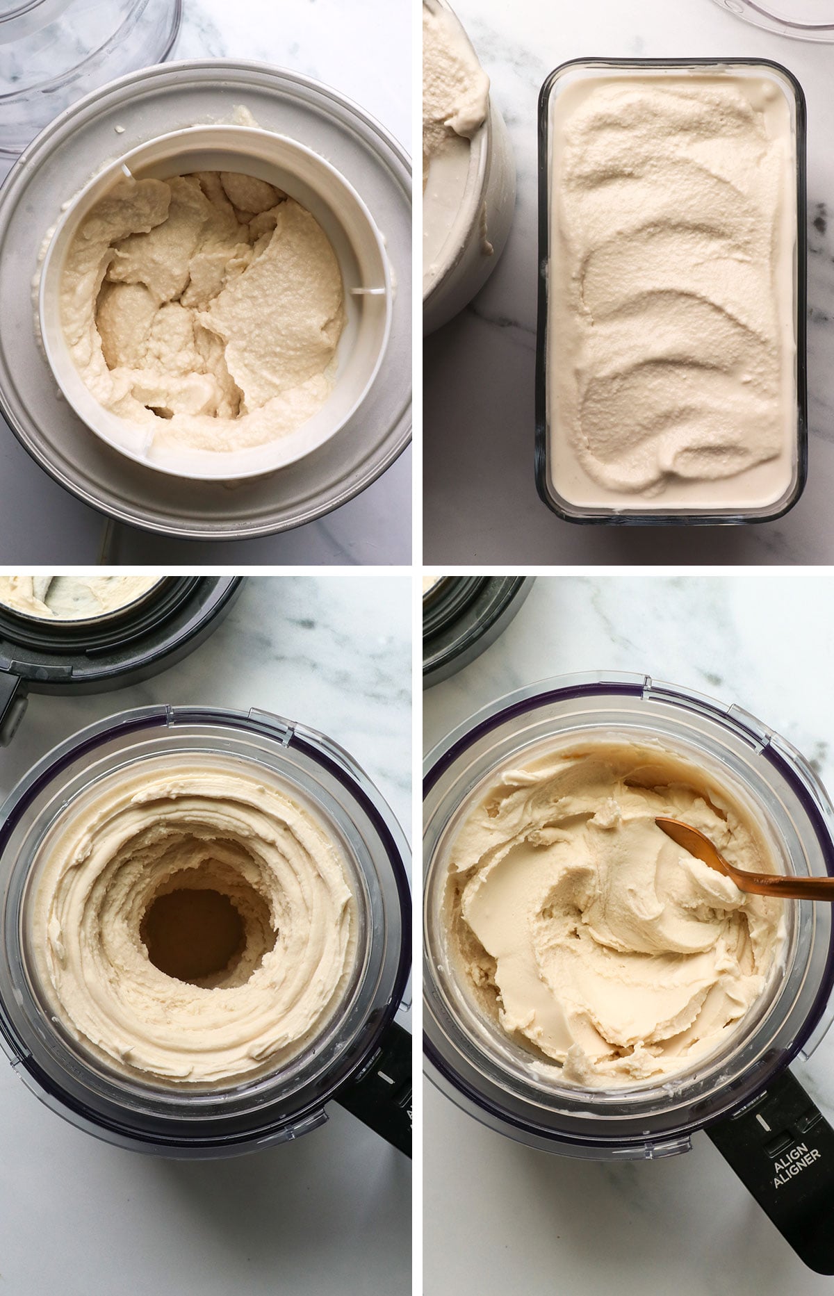 ice cream maker processing coconut milk ice cream and in a ninja creami. 