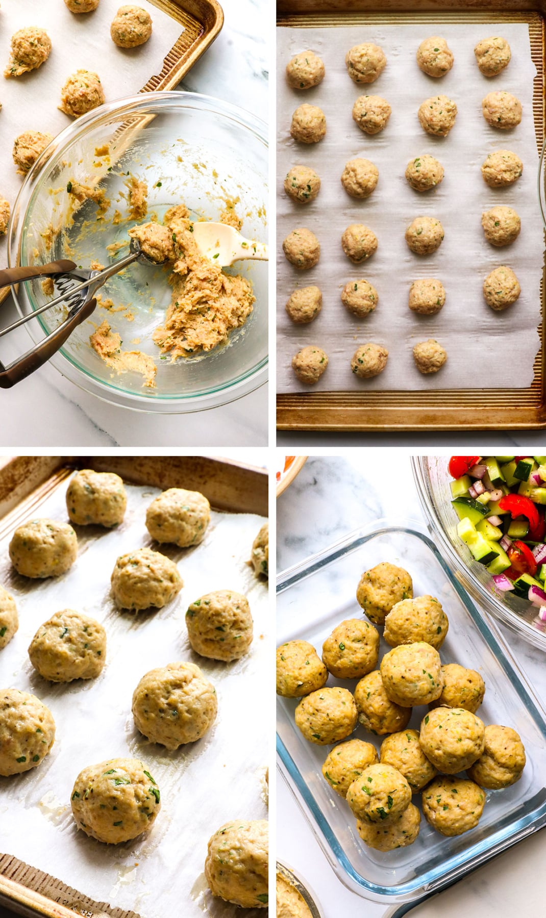 greek chicken meatballs before and after baking on a sheet pan.