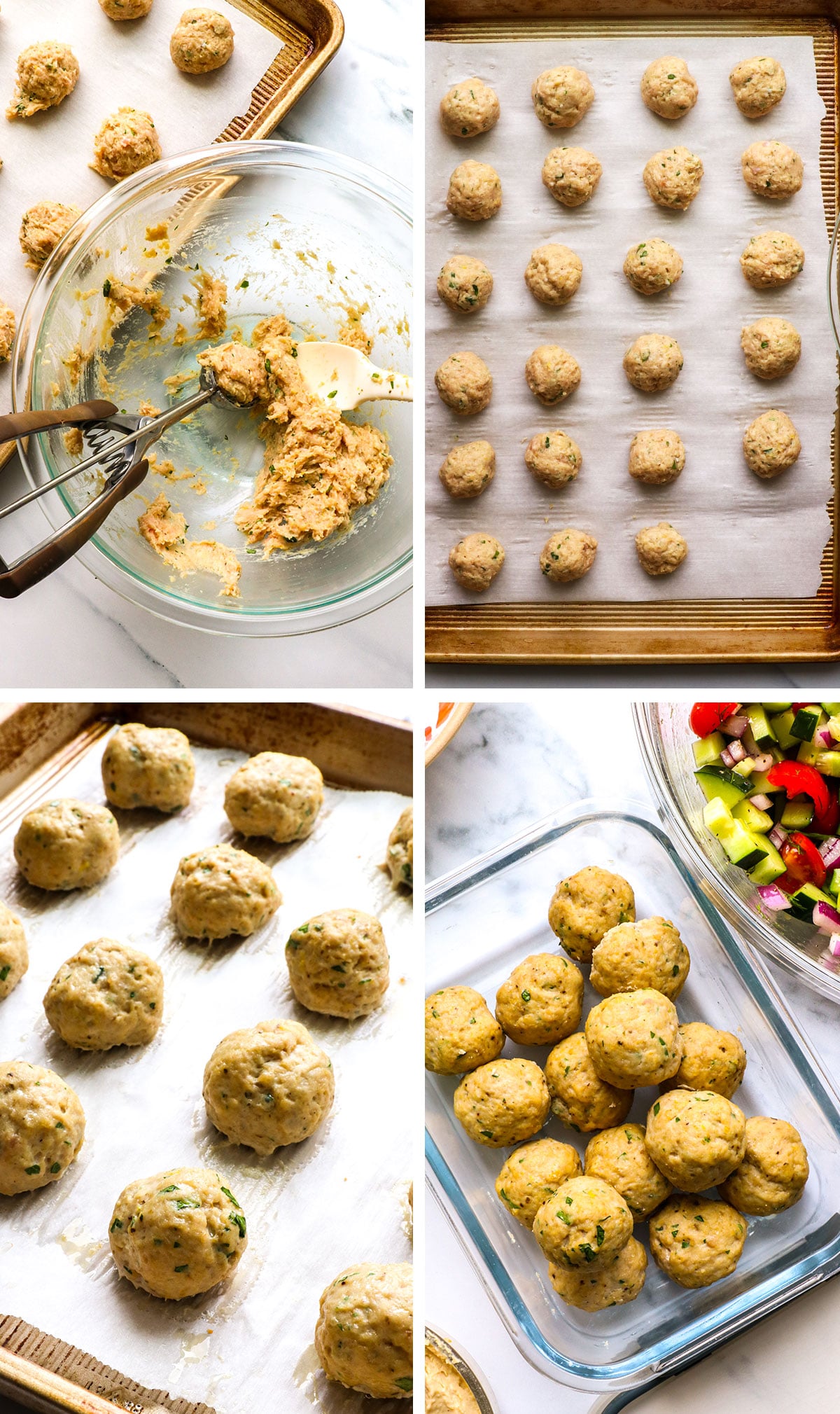 greek chicken meatballs before and after baking on a sheet pan. 